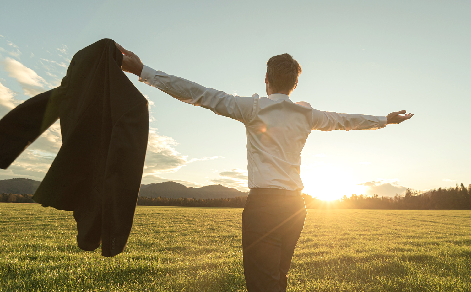 Business man rejoicing in open field at sunset
